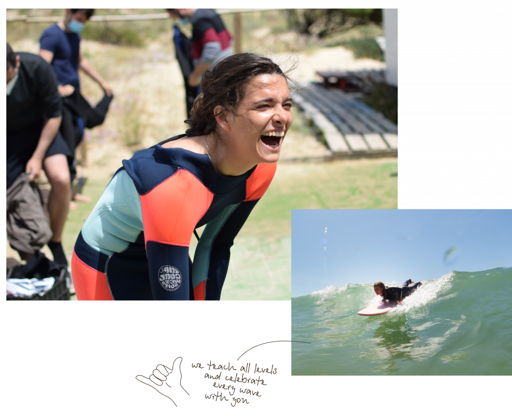 a girl smiling, having fun, a guy on a surfboard, taking a wave