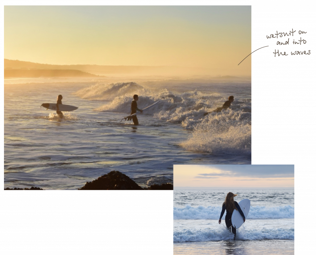 combination of two images, sunrise, people surfing, waves – wetsuit on and into the waves